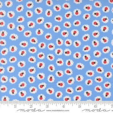 Image of On The Porch Little Friends Blue Sky quilting cotton fabric by My and My Sister Designs for Moda Fabrics. Features ladybugs on a blue background. Cute Little Fabric Shop.