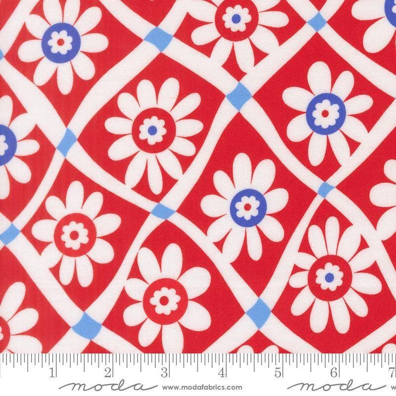 Image of On The Porch Happy Daze Country Red quilting cotton fabric by My and My Sister Designs for Moda Fabrics. Features flowers on a red background. Cute Little Fabric Shop.