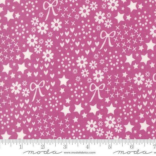 Image of Makers Delight Doodles Violet by Chrissy Lux for Moda Fabrics. Features flowers and hearts on a purple background. Cute Little Fabric Shop.