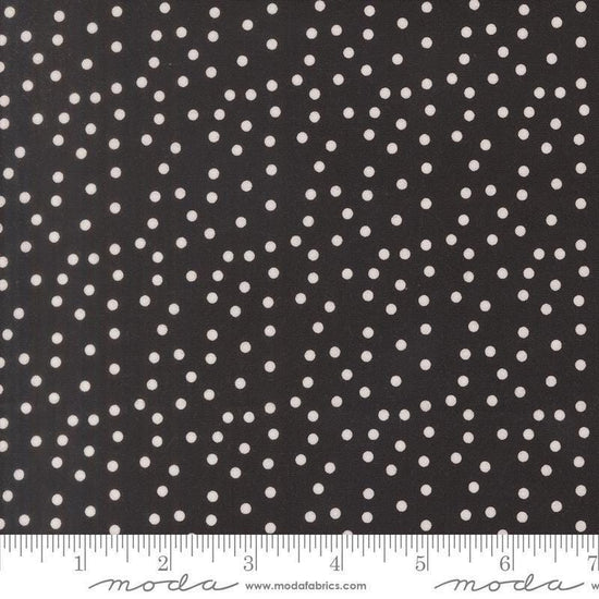 Image of Makers Delight Small Dot Super Black by Chrissy Lux for Moda Fabrics. Features polka dots on a black background. Cute Little Fabric Shop.