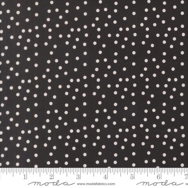 Image of Makers Delight Small Dot Super Black by Chrissy Lux for Moda Fabrics. Features polka dots on a black background. Cute Little Fabric Shop.