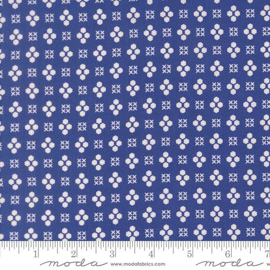 Image of Makers Delight Handwork Regatta by Chrissy Lux for Moda Fabrics. Features shapes on a blue background. Cute Little Fabric Shop.