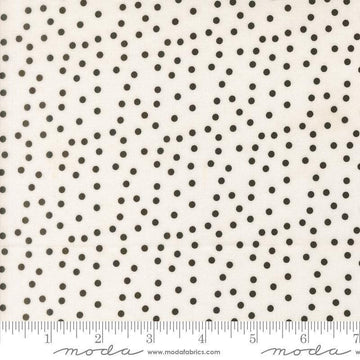 Image of Makers Delight Small Dot White Black by Chrissy Lux for Moda Fabrics. Features polka dots on a white background. Cute Little Fabric Shop.