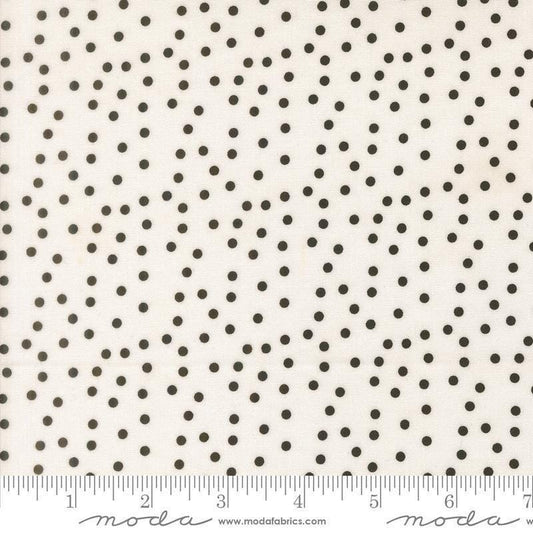Image of Makers Delight Small Dot White Black by Chrissy Lux for Moda Fabrics. Features polka dots on a white background. Cute Little Fabric Shop.