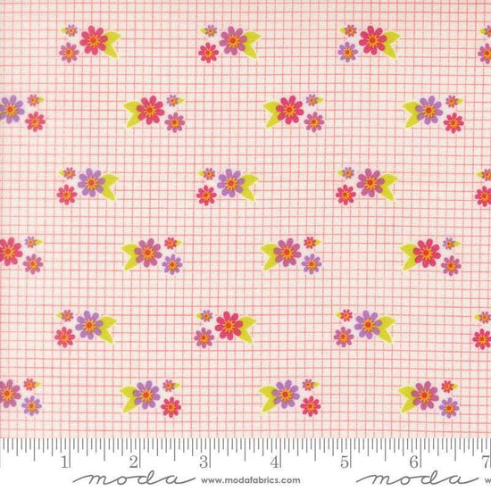Image of Makers Delight Tiny Floral Summer by Chrissy Lux for Moda Fabrics. Features flowers on a pink and white background. Cute Little Fabric Shop.