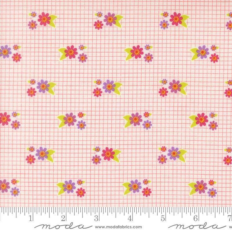 Image of Makers Delight Tiny Floral Summer by Chrissy Lux for Moda Fabrics. Features flowers on a pink and white background. Cute Little Fabric Shop.