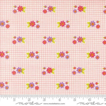 Image of Makers Delight Tiny Floral Summer by Chrissy Lux for Moda Fabrics. Features flowers on a pink and white background. Cute Little Fabric Shop.