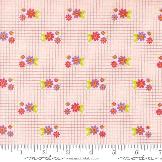 Image of Makers Delight Tiny Floral Summer by Chrissy Lux for Moda Fabrics. Features flowers on a pink and white background. Cute Little Fabric Shop.