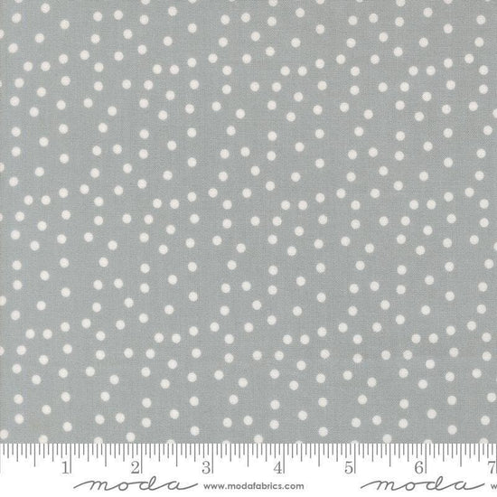 Image of Makers Delight Small Dot Platinum by Chrissy Lux for Moda Fabrics. Features polka dots on a gray background. Cute Little Fabric Shop.