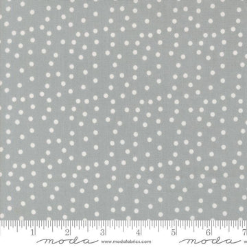 Image of Makers Delight Small Dot Platinum by Chrissy Lux for Moda Fabrics. Features polka dots on a gray background. Cute Little Fabric Shop.