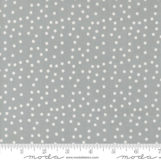 Image of Makers Delight Small Dot Platinum by Chrissy Lux for Moda Fabrics. Features polka dots on a gray background. Cute Little Fabric Shop.