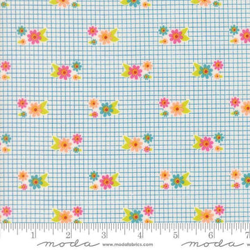 Image of Makers Delight Tiny Floral Breeze by Chrissy Lux for Moda Fabrics. Features flowers on a blue and white background. Cute Little Fabric Shop.