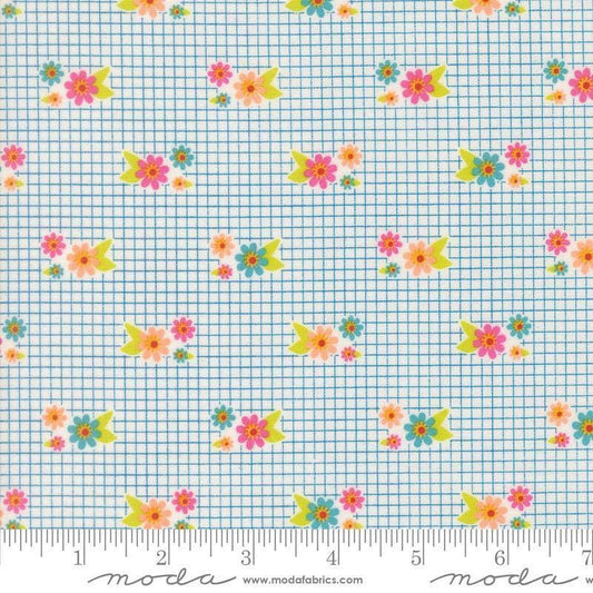 Image of Makers Delight Tiny Floral Breeze by Chrissy Lux for Moda Fabrics. Features flowers on a blue and white background. Cute Little Fabric Shop.