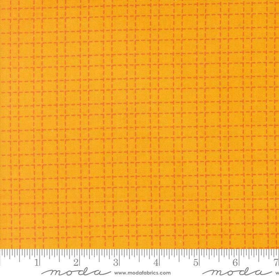Image of Makers Delight Crosshatch Chrome by Chrissy Lux for Moda Fabrics. Features a grid on an orange background. Cute Little Fabric Shop.