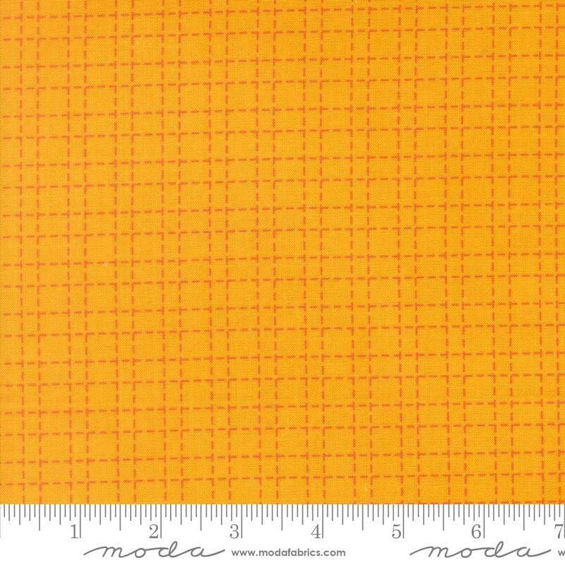 Image of Makers Delight Crosshatch Chrome by Chrissy Lux for Moda Fabrics. Features a grid on an orange background. Cute Little Fabric Shop.
