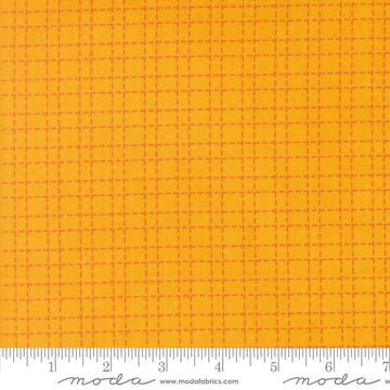 Image of Makers Delight Crosshatch Chrome by Chrissy Lux for Moda Fabrics. Features a grid on an orange background. Cute Little Fabric Shop.