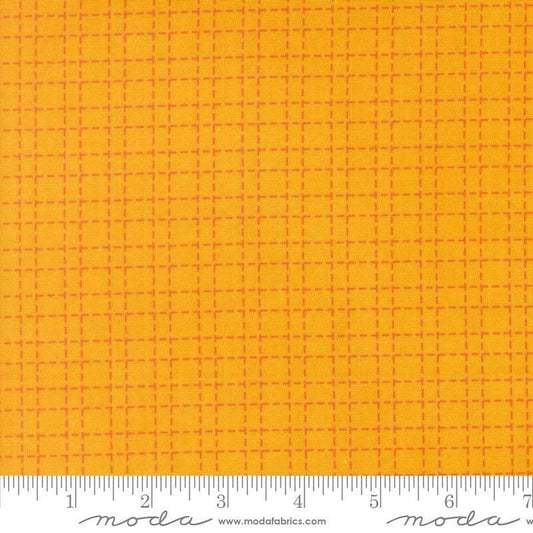 Image of Makers Delight Crosshatch Chrome by Chrissy Lux for Moda Fabrics. Features a grid on an orange background. Cute Little Fabric Shop.