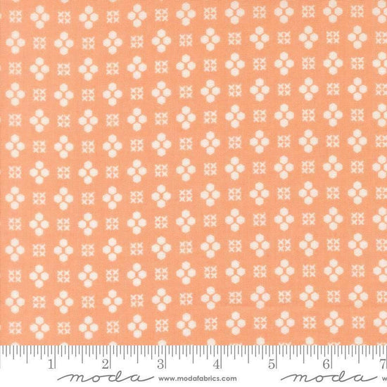 Image of Makers Delight Handwork Cantaloupe by Chrissy Lux for Moda Fabrics. Features shapes on an orange background. Cute Little Fabric Shop.