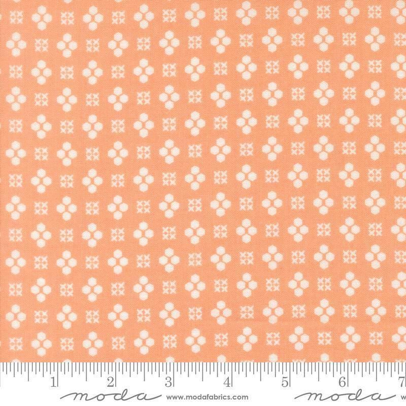 Image of Makers Delight Handwork Cantaloupe by Chrissy Lux for Moda Fabrics. Features shapes on an orange background. Cute Little Fabric Shop.