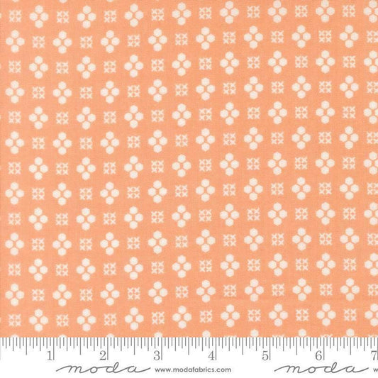 Image of Makers Delight Handwork Cantaloupe by Chrissy Lux for Moda Fabrics. Features shapes on an orange background. Cute Little Fabric Shop.