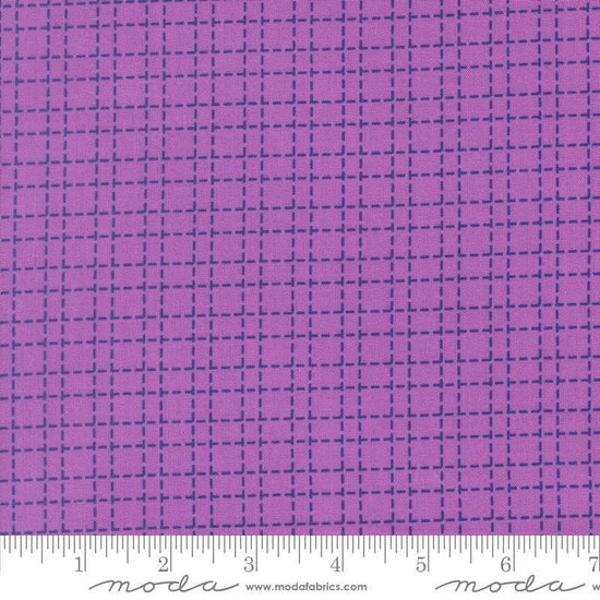 Image of Makers Delight Crosshatch Sugar Plum by Chrissy Lux for Moda Fabrics. Features a grid on a purple background. Cute Little Fabric Shop.