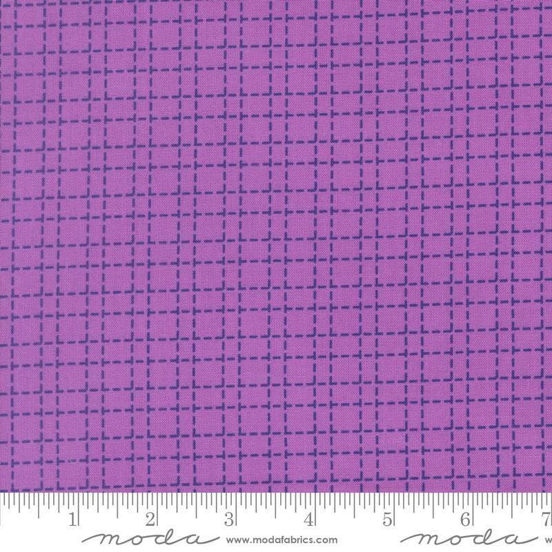 Image of Makers Delight Crosshatch Sugar Plum by Chrissy Lux for Moda Fabrics. Features a grid on a purple background. Cute Little Fabric Shop.
