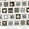 Image of Makers Delight Handmade Labels Platinum by Chrissy Lux for Moda Fabrics. Features squares on a gray background. Cute Little Fabric Shop.