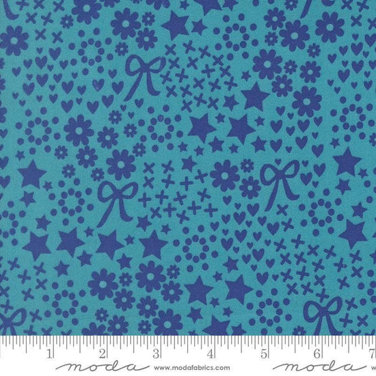 Image of Makers Delight Doodles Blue Chill by Chrissy Lux for Moda Fabrics. Features flowers and hearts on a blue background. Cute Little Fabric Shop.
