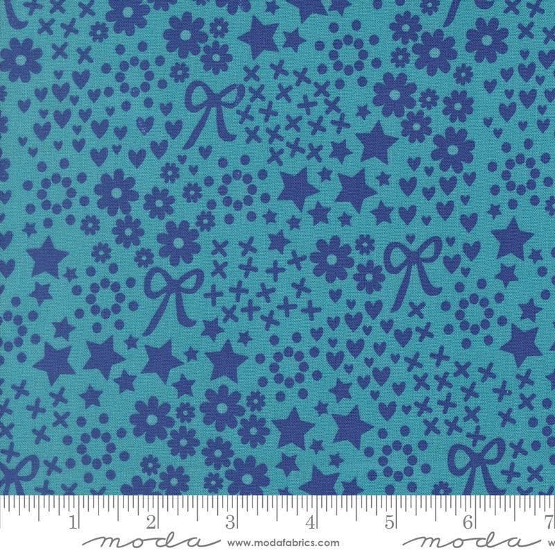 Image of Makers Delight Doodles Blue Chill by Chrissy Lux for Moda Fabrics. Features flowers and hearts on a blue background. Cute Little Fabric Shop.