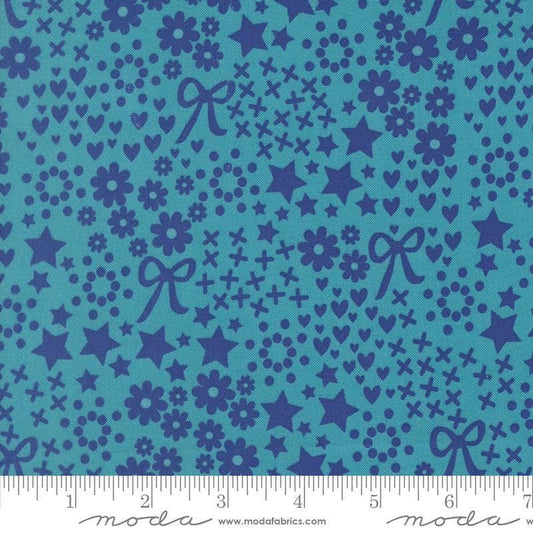 Image of Makers Delight Doodles Blue Chill by Chrissy Lux for Moda Fabrics. Features flowers and hearts on a blue background. Cute Little Fabric Shop.