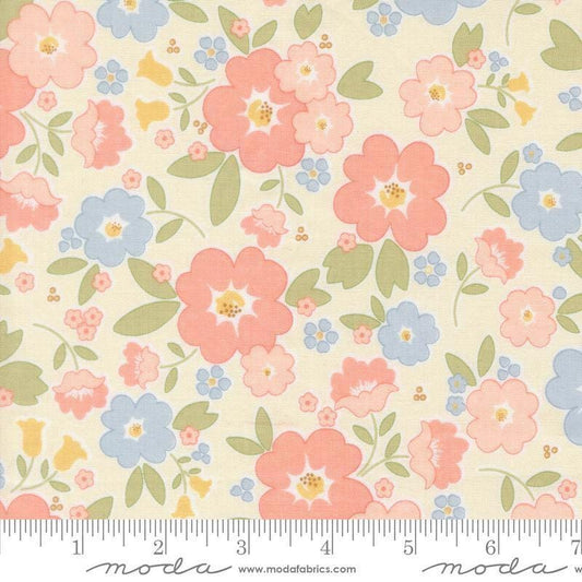 Image of MINKY Handmade Sweetness Vintage Blooms Porcelain Cream polyester fabric by My Sew Quilty Life for Moda Fabrics. Features flowers on a cream background. Cute Little Fabric Shop.