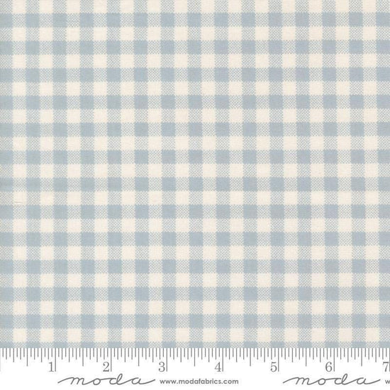 Image of MINKY Handmade Sweetness Quilt Checks Powder polyester fabric by My Sew Quilty Life for Moda Fabrics. Features gingham on a blue background. Cute Little Fabric Shop.