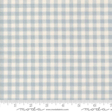 Image of MINKY Handmade Sweetness Quilt Checks Powder polyester fabric by My Sew Quilty Life for Moda Fabrics. Features gingham on a blue background. Cute Little Fabric Shop.