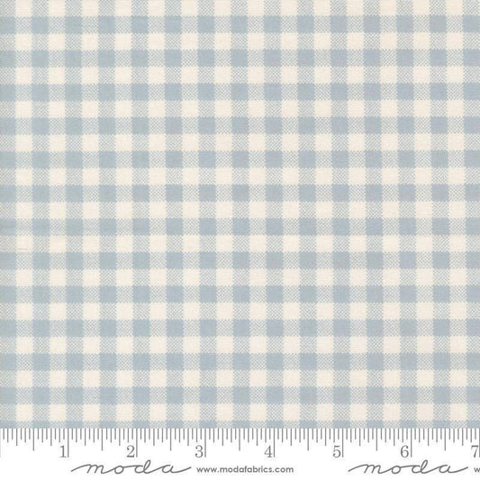 Image of MINKY Handmade Sweetness Quilt Checks Powder polyester fabric by My Sew Quilty Life for Moda Fabrics. Features gingham on a blue background. Cute Little Fabric Shop.