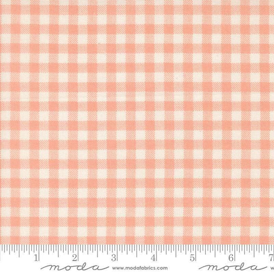Image of MINKY Handmade Sweetness Quilt Checks Peach polyester fabric by My Sew Quilty Life for Moda Fabrics. Features gingham on a pink background. Cute Little Fabric Shop.