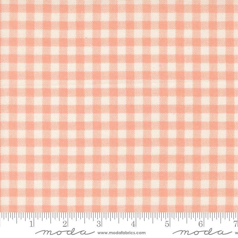Image of MINKY Handmade Sweetness Quilt Checks Peach polyester fabric by My Sew Quilty Life for Moda Fabrics. Features gingham on a pink background. Cute Little Fabric Shop.