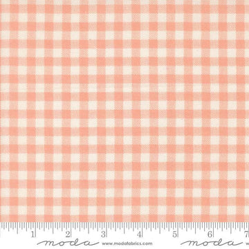 Image of MINKY Handmade Sweetness Quilt Checks Peach polyester fabric by My Sew Quilty Life for Moda Fabrics. Features gingham on a pink background. Cute Little Fabric Shop.