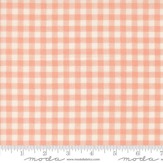 Image of MINKY Handmade Sweetness Quilt Checks Peach polyester fabric by My Sew Quilty Life for Moda Fabrics. Features gingham on a pink background. Cute Little Fabric Shop.
