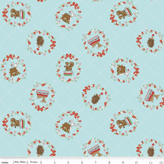 3-Yard-Cut - SALE Whimsical Woodland Tossed Animals Aqua Blue WIDEBACK 108" Wide - Riley Blake Quilting Cotton Fabric