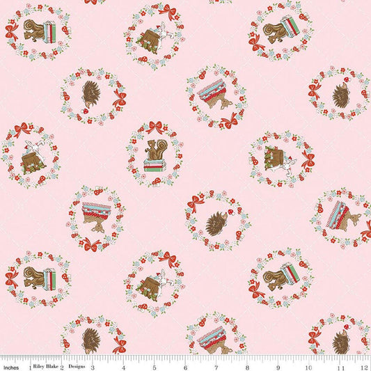 3-Yard-Cut - SALE Whimsical Woodland Tossed Animals Pink WIDEBACK 108" Wide - Riley Blake Quilting Cotton Fabric