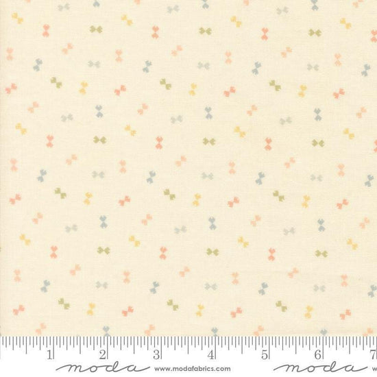 Image of Handmade Sweetness Confetti Porcelain quilting cotton fabric by My Sew Quilty Life for Moda Fabrics. Features bows on a cream background. Cute Little Fabric Shop.