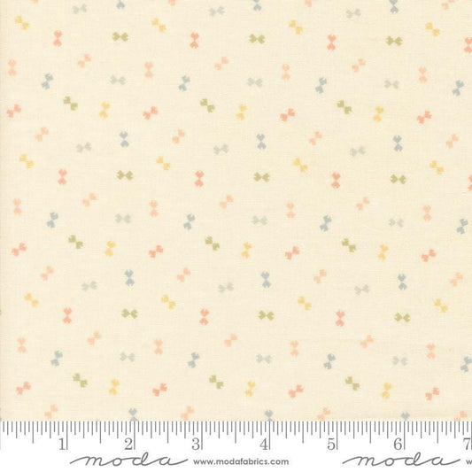 Image of Handmade Sweetness Confetti Porcelain quilting cotton fabric by My Sew Quilty Life for Moda Fabrics. Features bows on a cream background. Cute Little Fabric Shop.