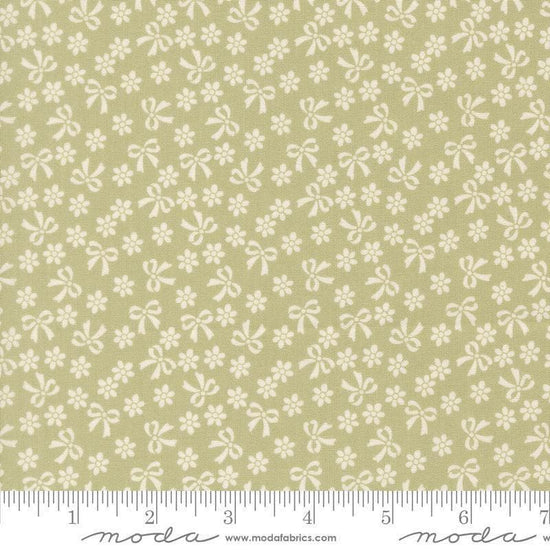 Image of Handmade Sweetness Bows Pear quilting cotton fabric by My Sew Quilty Life for Moda Fabrics. Features flowers on a green background. Cute Little Fabric Shop.