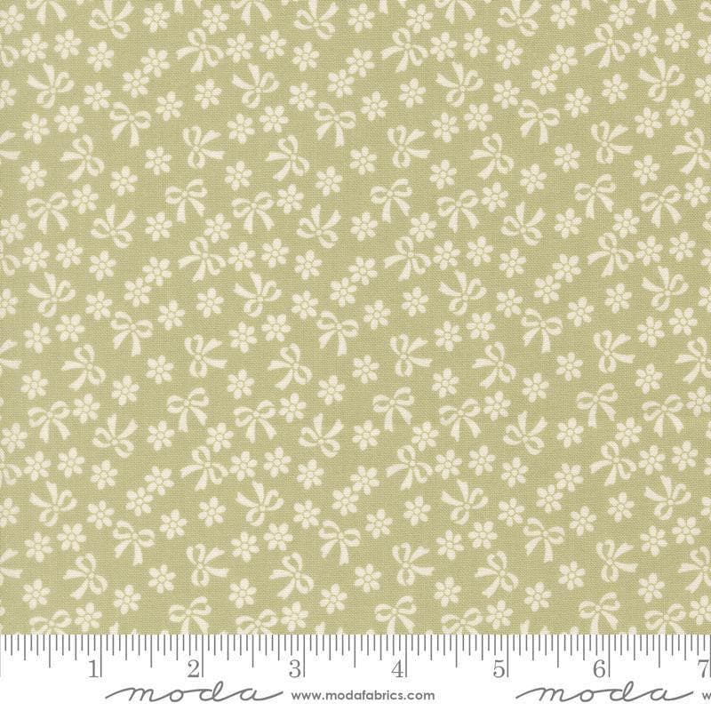 Image of Handmade Sweetness Bows Pear quilting cotton fabric by My Sew Quilty Life for Moda Fabrics. Features flowers on a green background. Cute Little Fabric Shop.