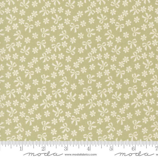 Image of Handmade Sweetness Bows Pear quilting cotton fabric by My Sew Quilty Life for Moda Fabrics. Features flowers on a green background. Cute Little Fabric Shop.