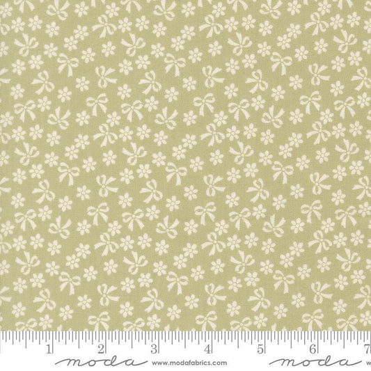 Image of Handmade Sweetness Bows Pear quilting cotton fabric by My Sew Quilty Life for Moda Fabrics. Features flowers on a green background. Cute Little Fabric Shop.