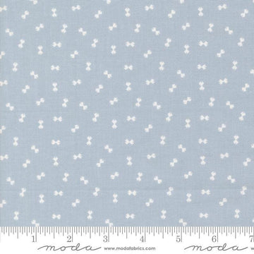 Image of Handmade Sweetness Confetti Powder Blue quilting cotton fabric by My Sew Quilty Life for Moda Fabrics. Features bows on a blue background. Cute Little Fabric Shop.