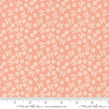 Image of Handmade Sweetness Bows Peach Pink quilting cotton fabric by My Sew Quilty Life for Moda Fabrics. Features flowers on a cream background. Cute Little Fabric Shop.