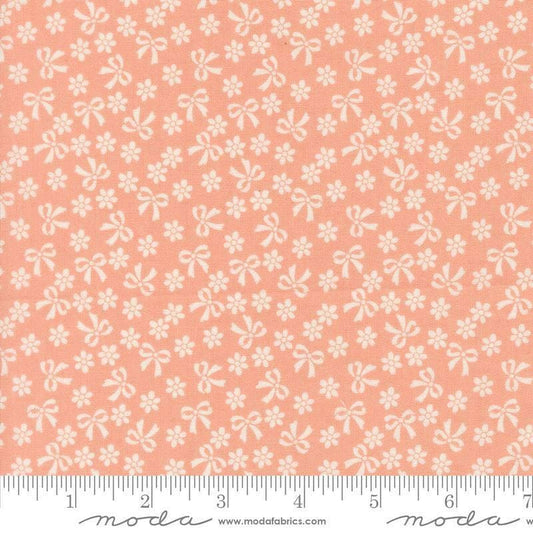 Image of Handmade Sweetness Bows Peach Pink quilting cotton fabric by My Sew Quilty Life for Moda Fabrics. Features flowers on a cream background. Cute Little Fabric Shop.