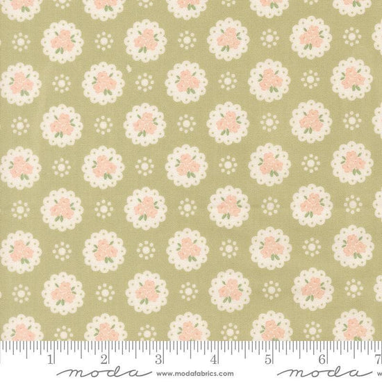 Image of Handmade Sweetness Doily Pear quilting cotton fabric by My Sew Quilty Life for Moda Fabrics. Features flowers on a green background. Cute Little Fabric Shop.